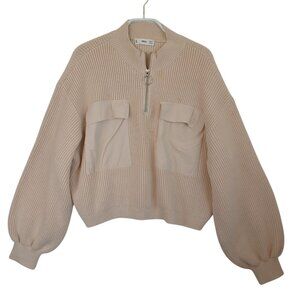 Mango Sweater Cream Cropped Chunky Knit Pullover Pocket & Zip Detail Womens Med